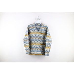 Vtg 50s 60s Womens 10 Rainbow Lambswool Fair Isle Knit V-Neck Sweater Iceland